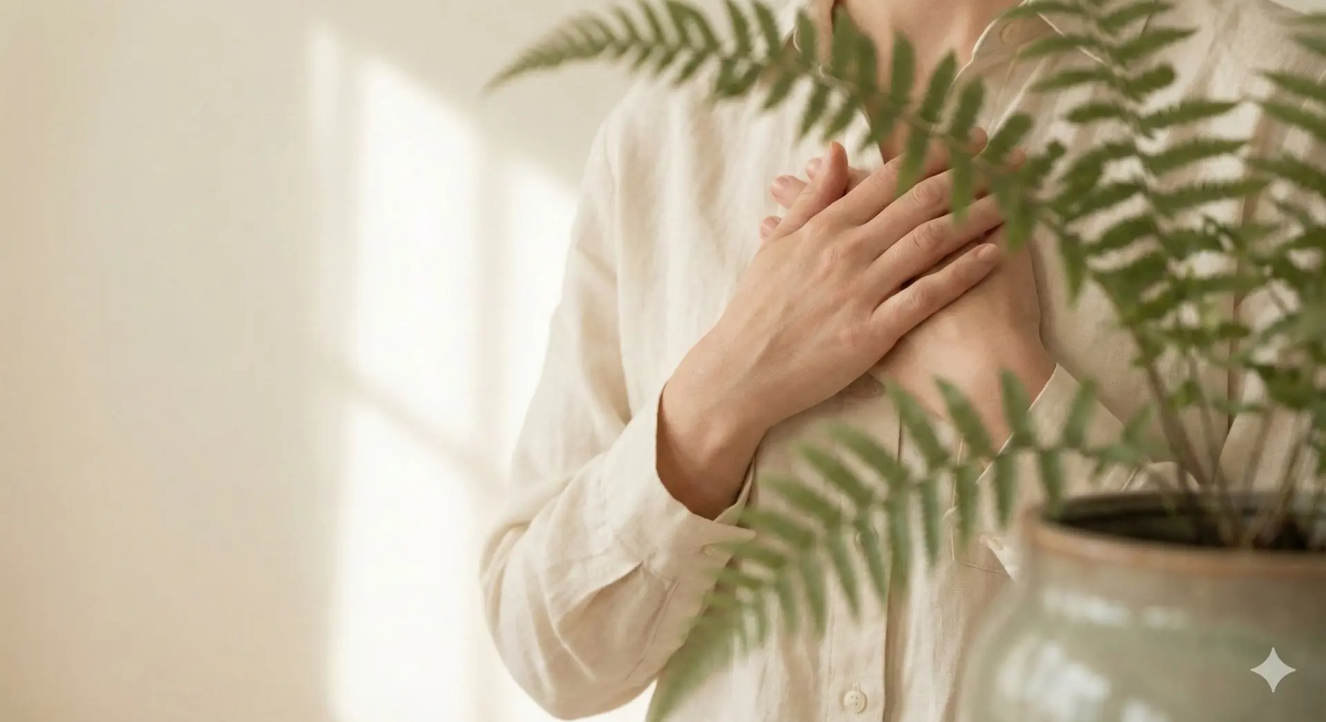 Hands gently resting on heart with fern in soft light