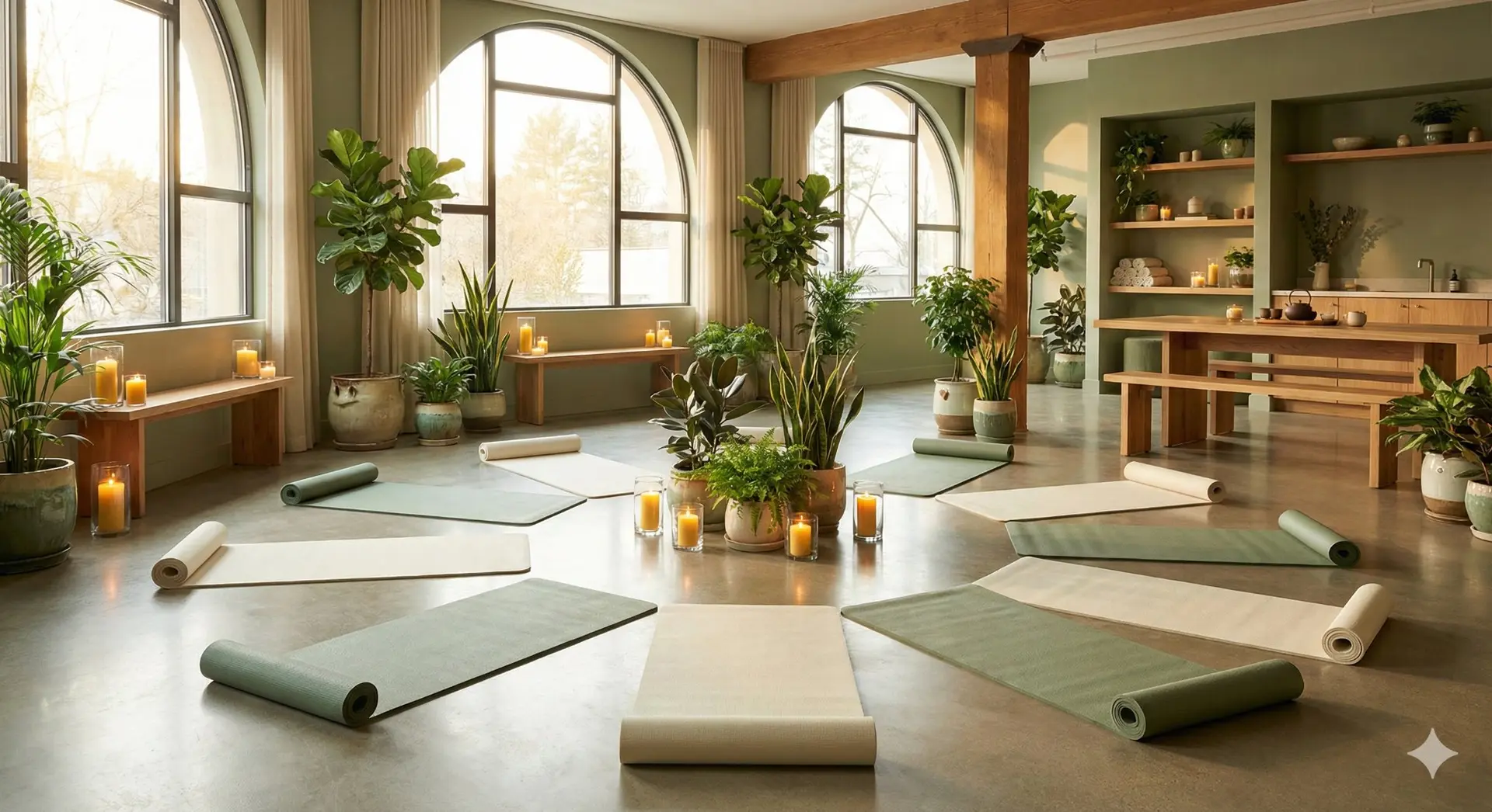 Beautiful wellness studio with yoga mats arranged in circle