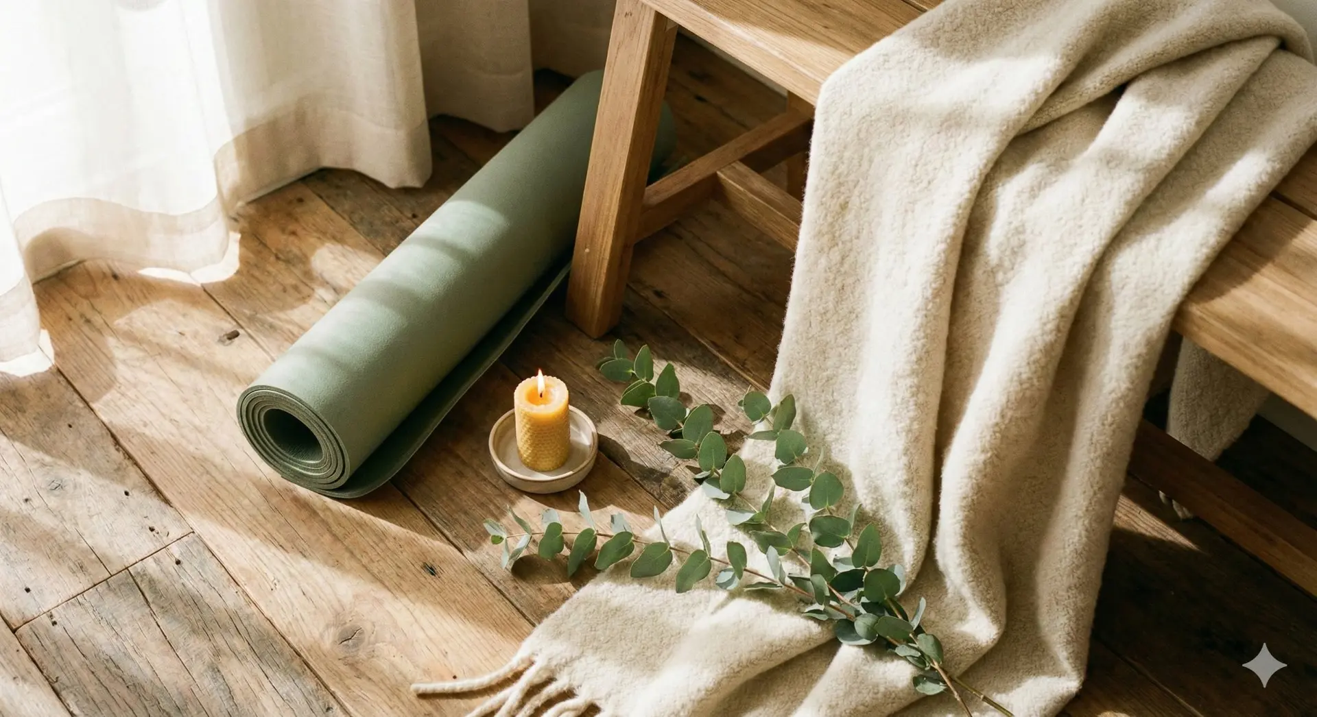 Yoga mat, candle, and eucalyptus in warm light